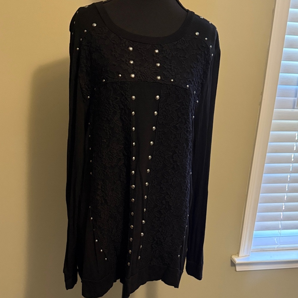 Black Long Sleeve Lace Front Top with Stud Detail - Women